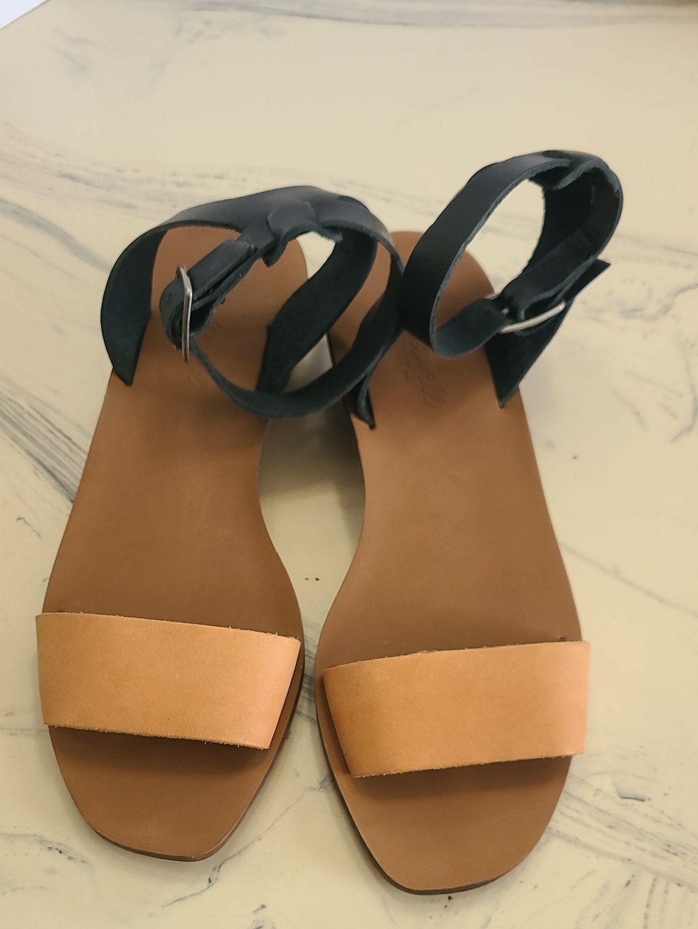 Madewell Women's Black Ankle Straps, Tan Strap, Brown Block Heel Leather Sz 7.5